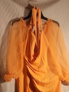 SHEIN Orange Halter Camisole with Sheer Puff Sleeves